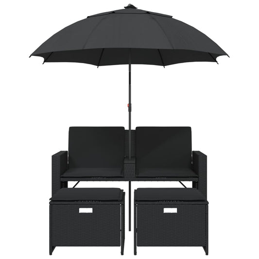 NNEVL Garden Sofa 2-Seater with Parasol and Stools Black Poly Rattan