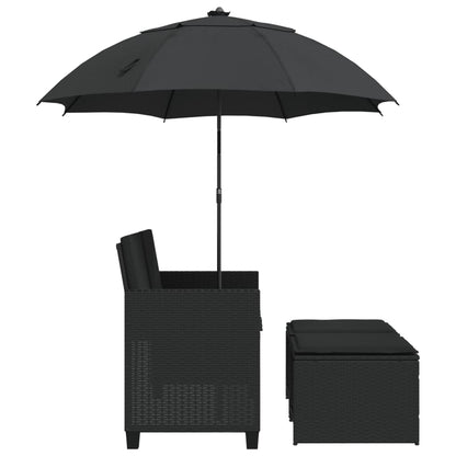 NNEVL Garden Sofa 2-Seater with Parasol and Stools Black Poly Rattan