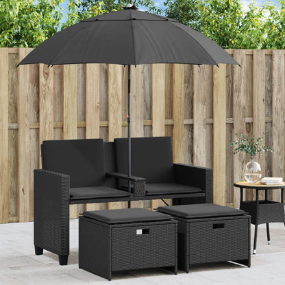 NNEVL Garden Sofa 2-Seater with Parasol and Stools Black Poly Rattan