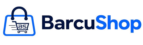 A digital graphic displaying a blue shopping bag icon with a shopping cart inside, next to the text 'BarcuShop' in dark blue and bright blue, on a solid white background.
