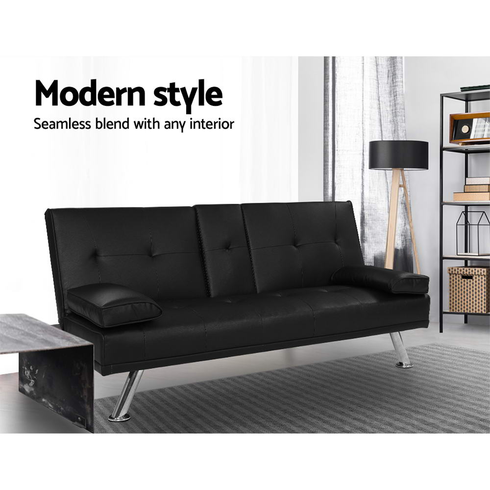 NNEDSZ Sofa Bed Lounge Futon Couch 3 Seater Leather Cup Holder Recliner-3