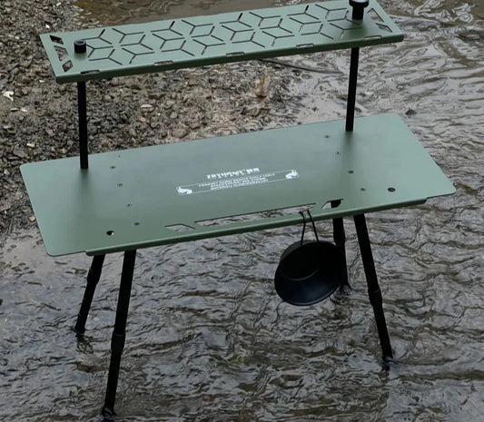 NNEOBA One-Tier Camping Shelf Table Tactical Aluminum Alloy Storage Rack Army Green