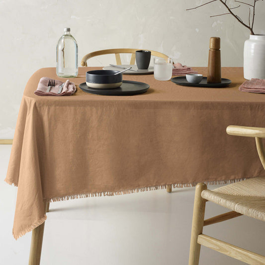 NNEDSZ Vintage Design Homewares Gypsy Terracotta Fringed Washed Linen Cotton Tablecloth 150cm x 230cm