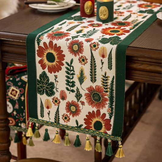 NNEDSZ 35x240cm Green Pastoral Table Runner - Spring Floral Oil Painting Style with Tassels
