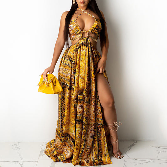 New Sleeveless Printed Halter Split Dress