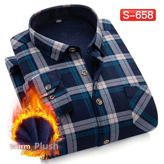 Autumn And Winter Warm Shirt Men's Long Sleeve Middle-aged Fleece Lined Padded Shirt