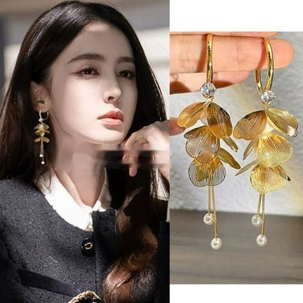 French Elegant Design Floral Petal Pearl Fringe Earrings