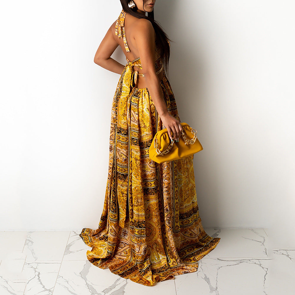 New Sleeveless Printed Halter Split Dress