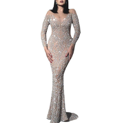 European And American Women's Clothing Bronzing Long Sleeve Slim Fit Sexy Dress