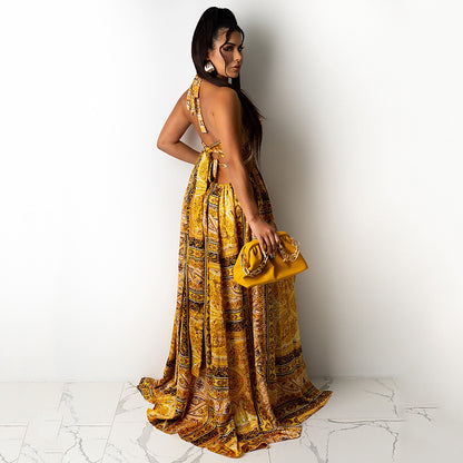 New Sleeveless Printed Halter Split Dress