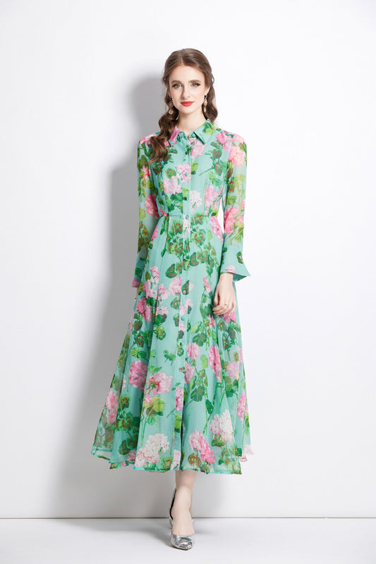 Floral Green Flared Waist Cinching LongSleeve Shirt Dress