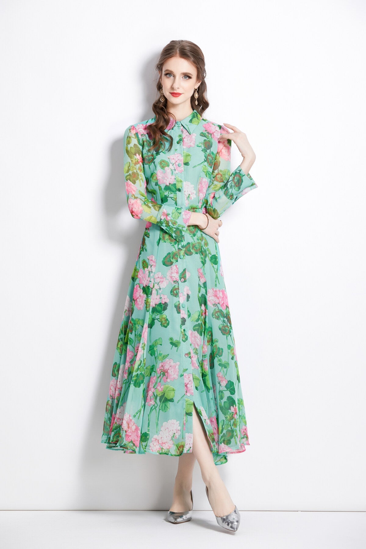 Floral Green Flared Waist Cinching LongSleeve Shirt Dress