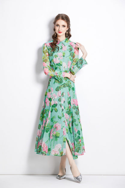 Floral Green Flared Waist Cinching LongSleeve Shirt Dress