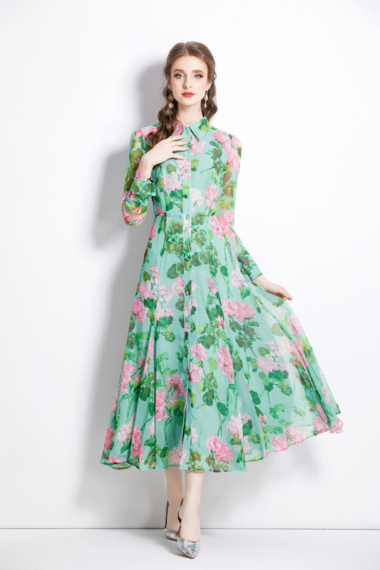 Floral Green Flared Waist Cinching LongSleeve Shirt Dress