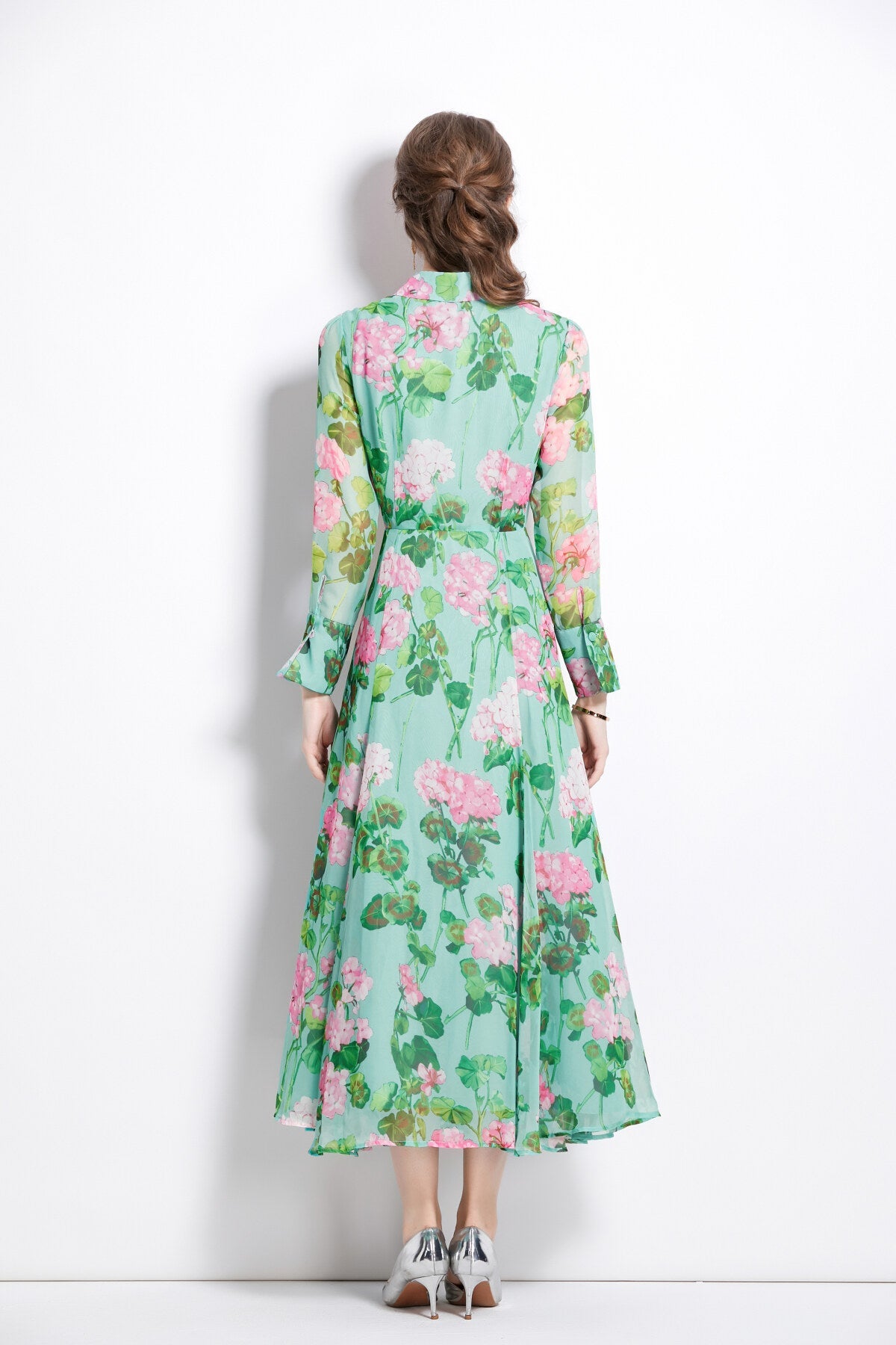 Floral Green Flared Waist Cinching LongSleeve Shirt Dress
