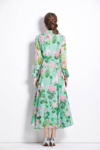 Floral Green Flared Waist Cinching LongSleeve Shirt Dress