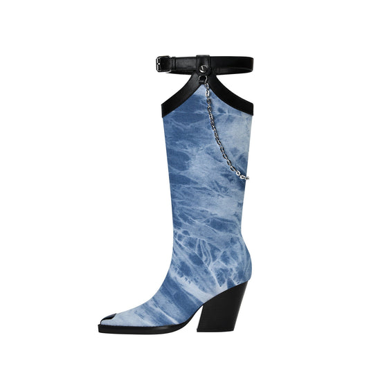 Light Blue Denim Chain Embellished Knee High Boots-0