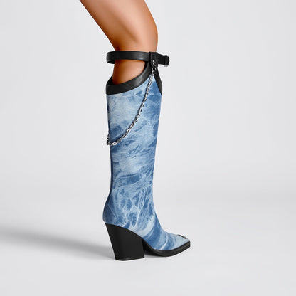 Light Blue Denim Chain Embellished Knee High Boots-2