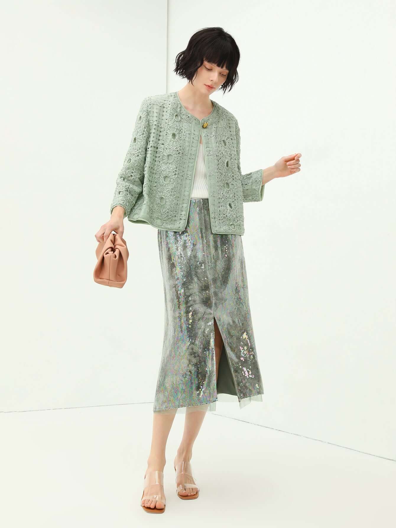 Light Mint Green Tie Dye Sequined Midi Skirt-0