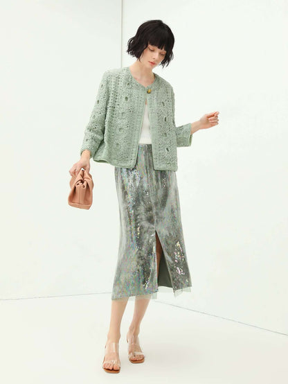 Light Mint Green Tie Dye Sequined Midi Skirt-0