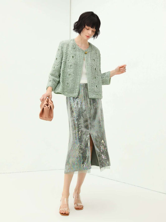 Light Mint Green Tie Dye Sequined Midi Skirt-0