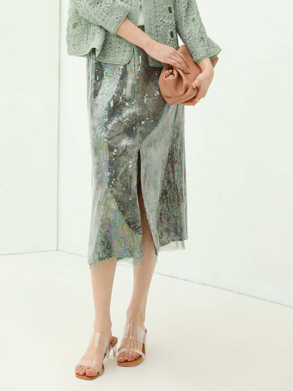 Light Mint Green Tie Dye Sequined Midi Skirt-1