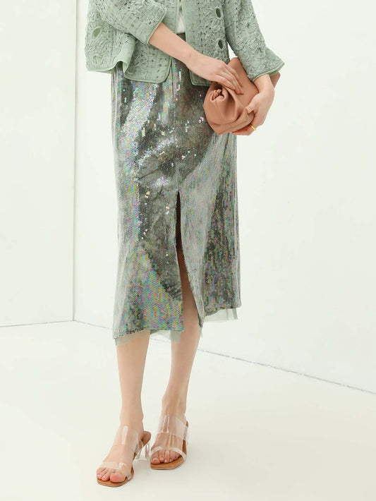 Light Mint Green Tie Dye Sequined Midi Skirt-1