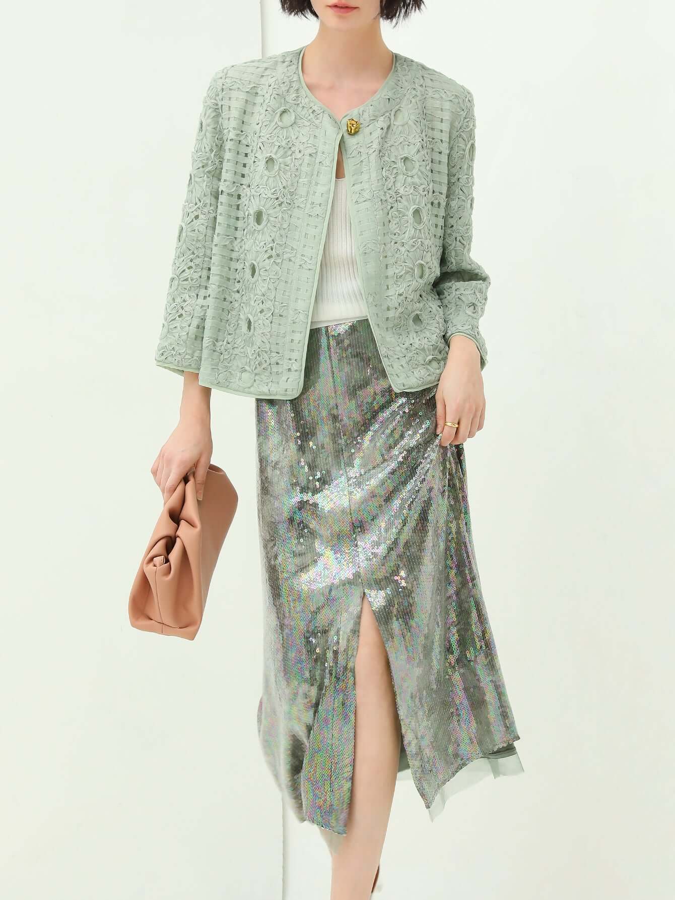 Light Mint Green Tie Dye Sequined Midi Skirt-2
