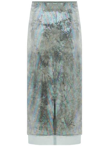 Light Mint Green Tie Dye Sequined Midi Skirt-3